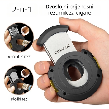 2-u-1 rezač cigare: V-rez i ravni rez, metalna konstrukcija, elektroplatirani završni sloj, težina oko 150 g, poluautomatski prekidač
