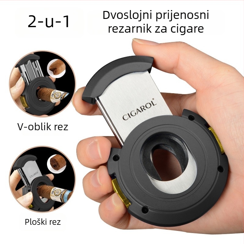 2-u-1 rezač cigare: V-rez i ravni rez, metalna konstrukcija, elektroplatirani završni sloj, težina oko 150 g, poluautomatski prekidač