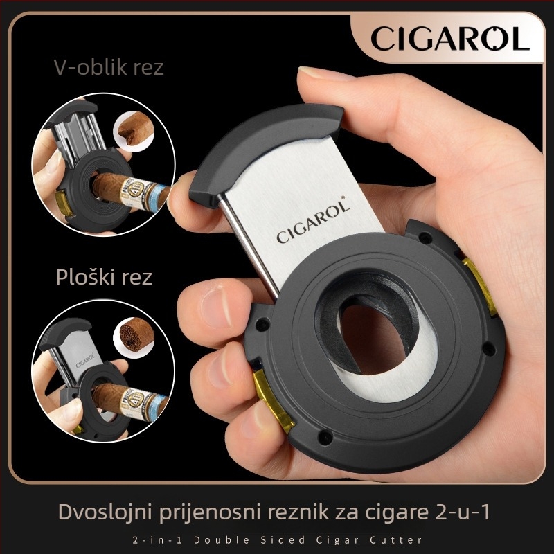 2-u-1 rezač cigare: V-rez i ravni rez, metalna konstrukcija, elektroplatirani završni sloj, težina oko 150 g, poluautomatski prekidač