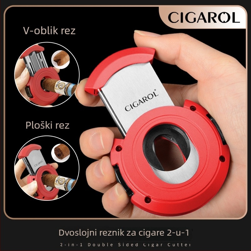 2-u-1 rezač cigare: V-rez i ravni rez, metalna konstrukcija, elektroplatirani završni sloj, težina oko 150 g, poluautomatski prekidač