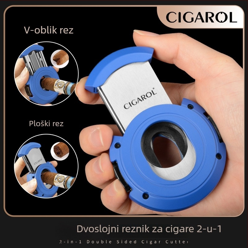 2-u-1 rezač cigare: V-rez i ravni rez, metalna konstrukcija, elektroplatirani završni sloj, težina oko 150 g, poluautomatski prekidač