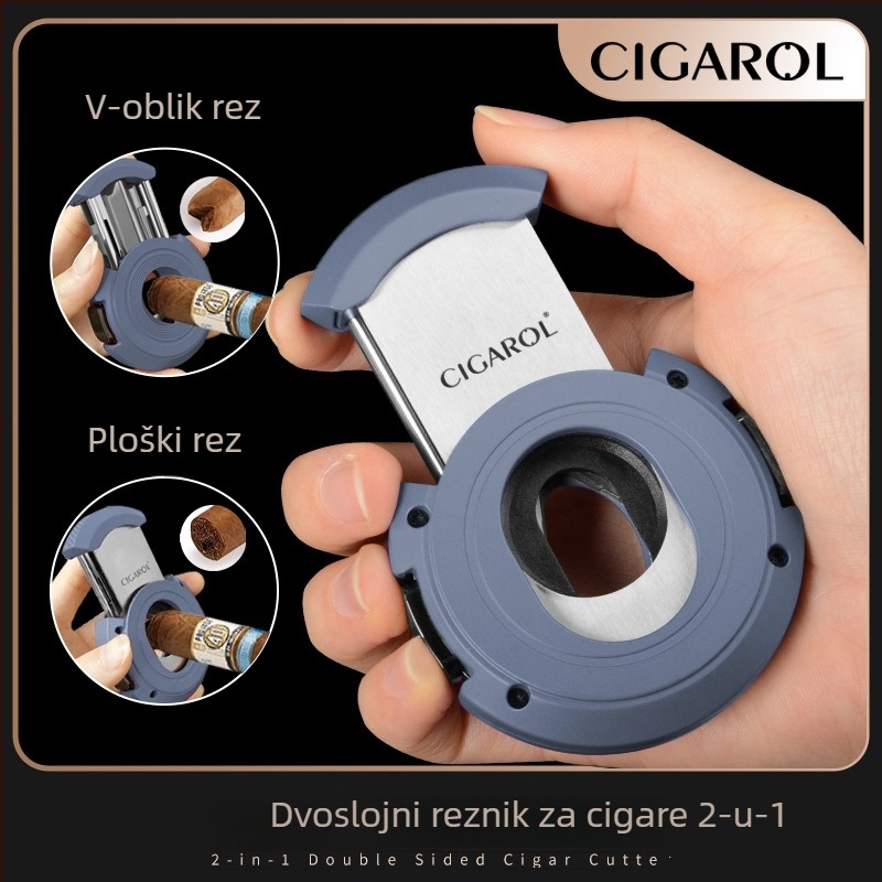 2-u-1 rezač cigare: V-rez i ravni rez, metalna konstrukcija, elektroplatirani završni sloj, težina oko 150 g, poluautomatski prekidač