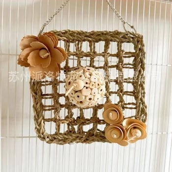 Igračka za papigu: mreža za penjanje od slame za žvakanje i mreža s loptom od trave i voćnim motivom, model Ky2469