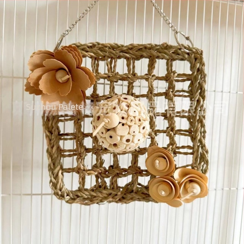 Igračka za papigu: mreža za penjanje od slame za žvakanje i mreža s loptom od trave i voćnim motivom, model Ky2469