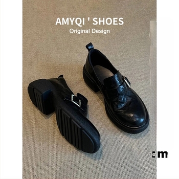 Lofers od prave kože, retro stil, debela platforma, okrugli vrh, srednji povišeni peta 3–5 cm, slip-on