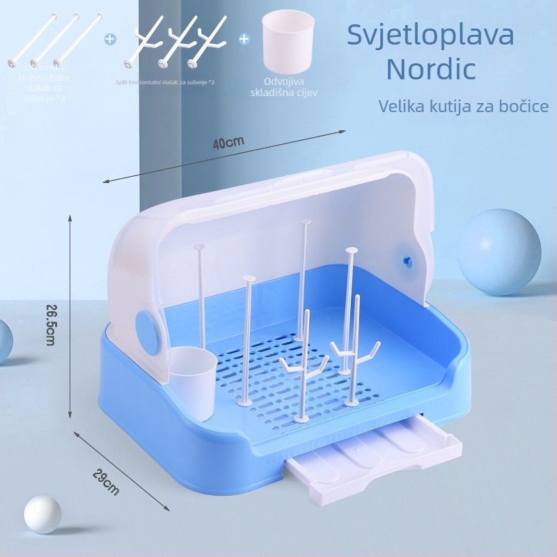 Kutija za pohranu bočica za bebe i posuđa, s odvodnim rešetkama i poklopcem otpornim na prašinu - Model 998, PP, kapacitet 1000 L+, sklopiva, otporna na vlagu