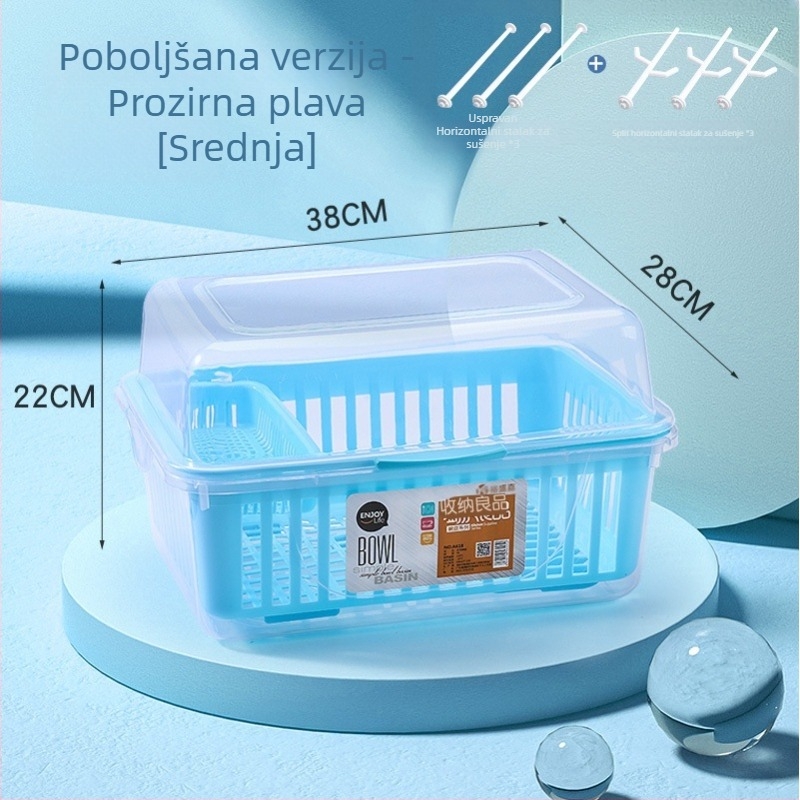 Kutija za pohranu bočica za bebe i posuđa, s odvodnim rešetkama i poklopcem otpornim na prašinu - Model 998, PP, kapacitet 1000 L+, sklopiva, otporna na vlagu