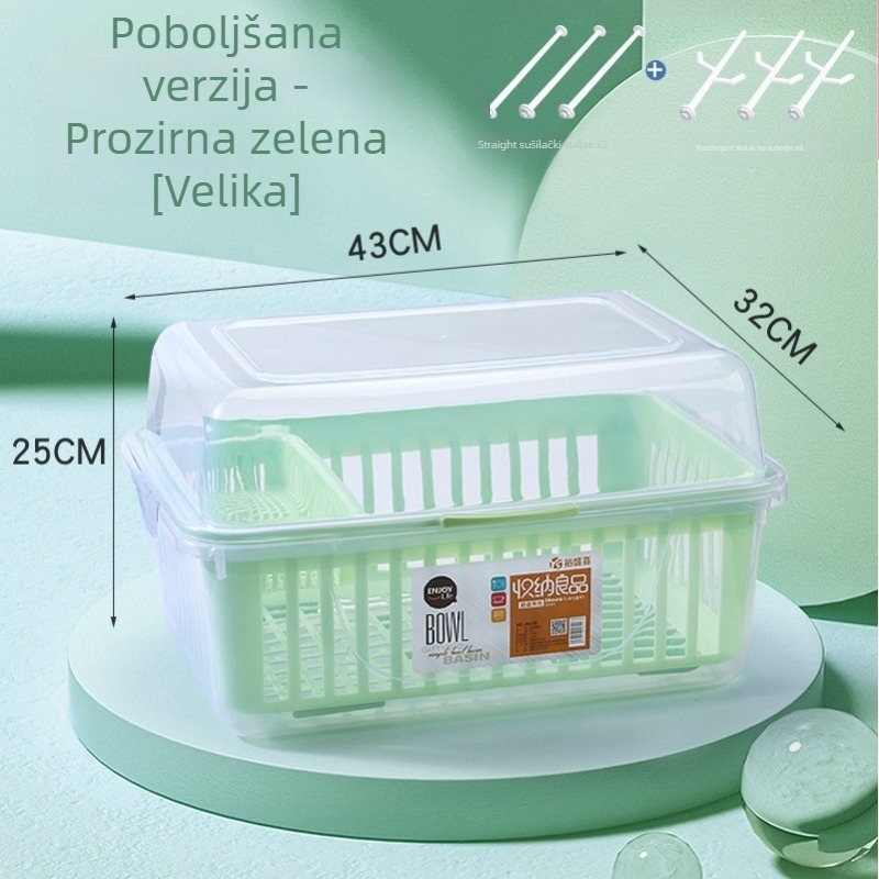 Kutija za pohranu bočica za bebe i posuđa, s odvodnim rešetkama i poklopcem otpornim na prašinu - Model 998, PP, kapacitet 1000 L+, sklopiva, otporna na vlagu