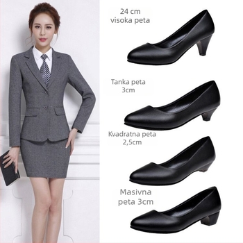 Ženske radne cipele od PU kože, peta 6–8 cm, gumeni potplat, PU ulošak, srednji otvor 7–11 cm, uredski stil