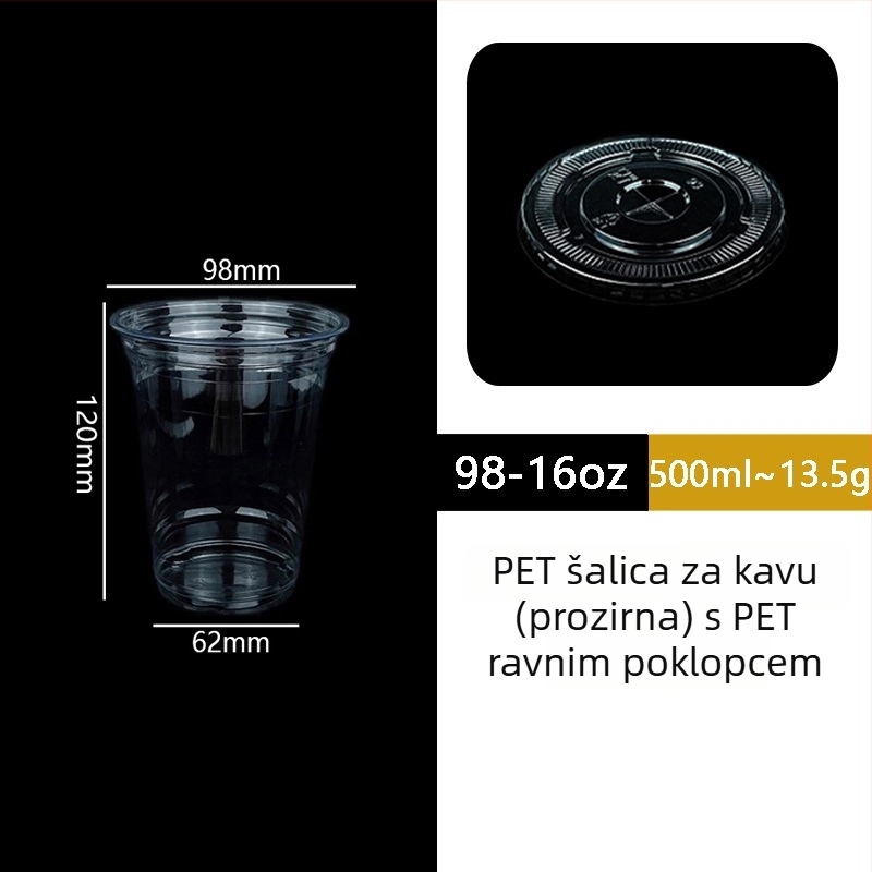 Jednokratna PET čaša s poklopom za kavu i hladna pića – pravokutnog oblika, kapacitet 501–600 ml, PET materijal, moguć tisak logotipa
