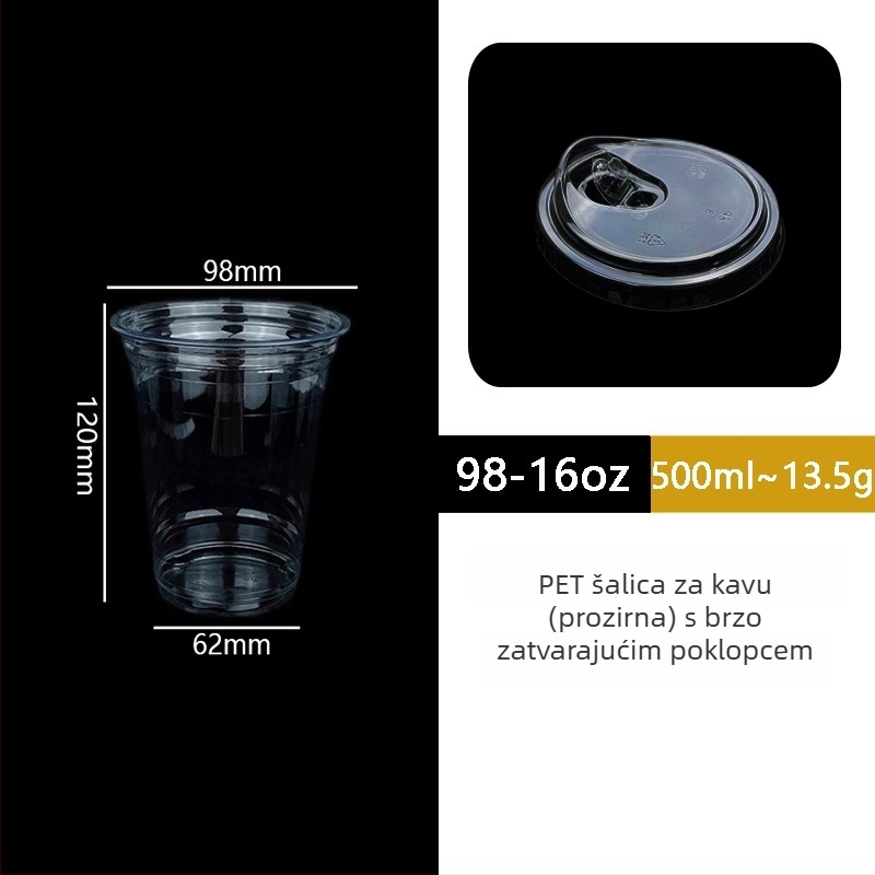 Jednokratna PET čaša s poklopom za kavu i hladna pića – pravokutnog oblika, kapacitet 501–600 ml, PET materijal, moguć tisak logotipa