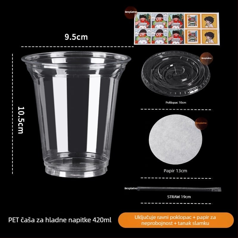 Jednokratna plastična čaša za mliječni čaj, eliptičnog oblika, kapaciteta 401–500 ml, nerazgradiva, nije pogodno za mikrovalnu
