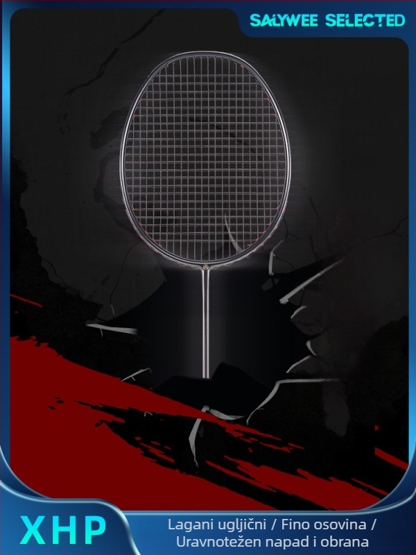 SALYWEE XHP – ultralagana, potpuno karbonska ofenzivna badminton raketa, direktan udarac, mogućnost prilagodbe, tiskani logo, težina 80–84 g, držač G5