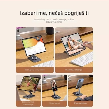 Stalak za telefon na stolu, potpuno metalni, 360° okret, sklopiv, univerzalan, protiv vibracija