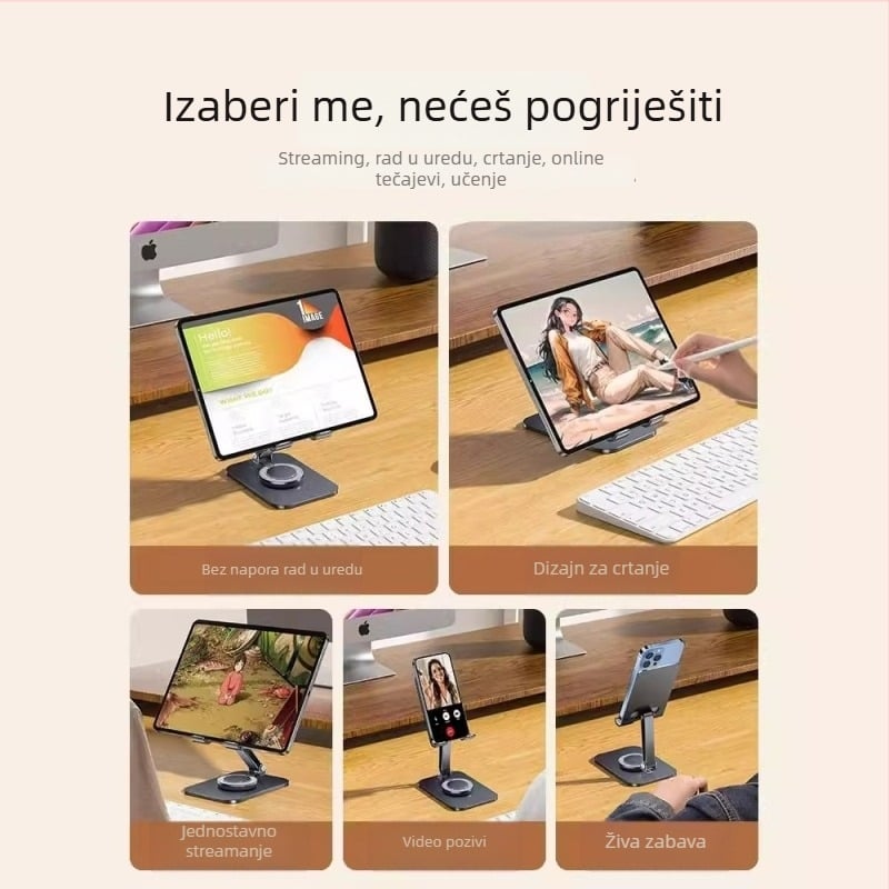 Stalak za telefon na stolu, potpuno metalni, 360° okret, sklopiv, univerzalan, protiv vibracija
