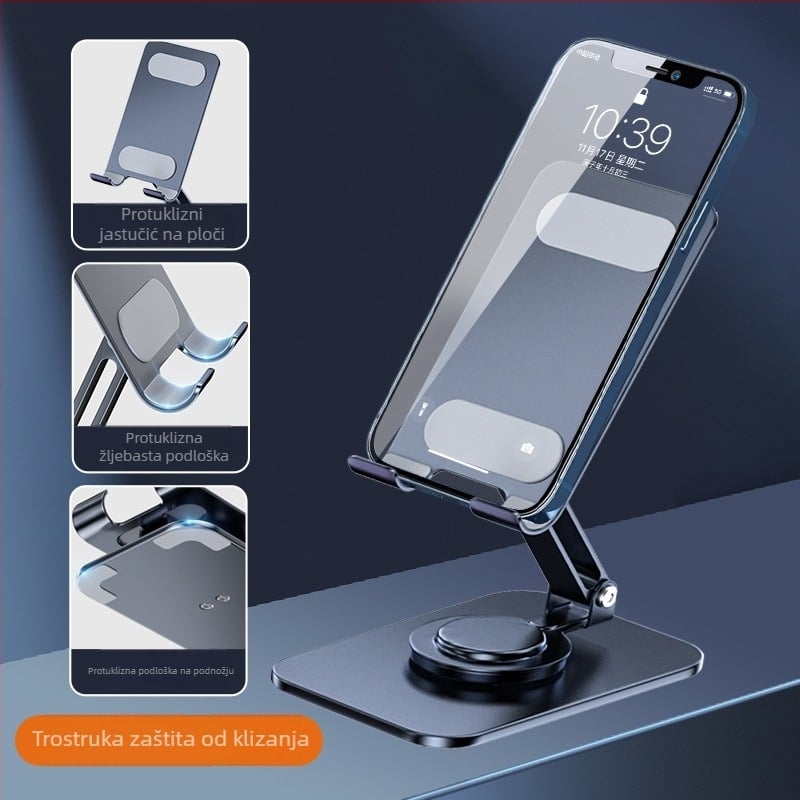 Stalak za telefon na stolu, potpuno metalni, 360° okret, sklopiv, univerzalan, protiv vibracija