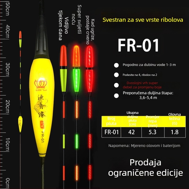 Vertikalni pluta za ribolov s visokom osjetljivošću gravitacije, svjetleća danju i noću, plovak s indikatorom zabašura koji mijenja boju, debeli i uočljivi elektronički plovak