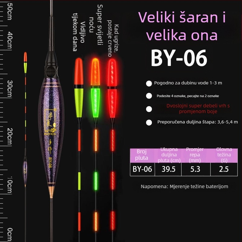 Vertikalni pluta za ribolov s visokom osjetljivošću gravitacije, svjetleća danju i noću, plovak s indikatorom zabašura koji mijenja boju, debeli i uočljivi elektronički plovak