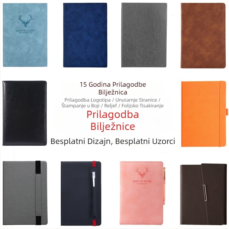 Poslovni bilježnik s imitacijom kože, spajanje ljepilom i završnim šavom, Dowling papir 80 g/m², 200–300 stranica, prilagođeni logotip