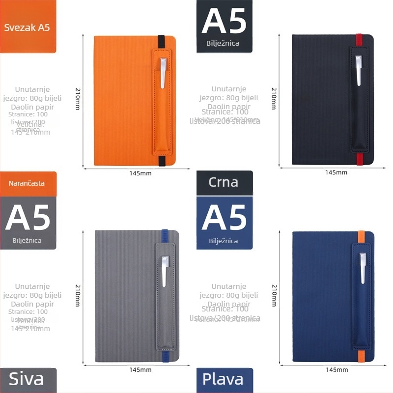 Poslovni bilježnik s imitacijom kože, spajanje ljepilom i završnim šavom, Dowling papir 80 g/m², 200–300 stranica, prilagođeni logotip