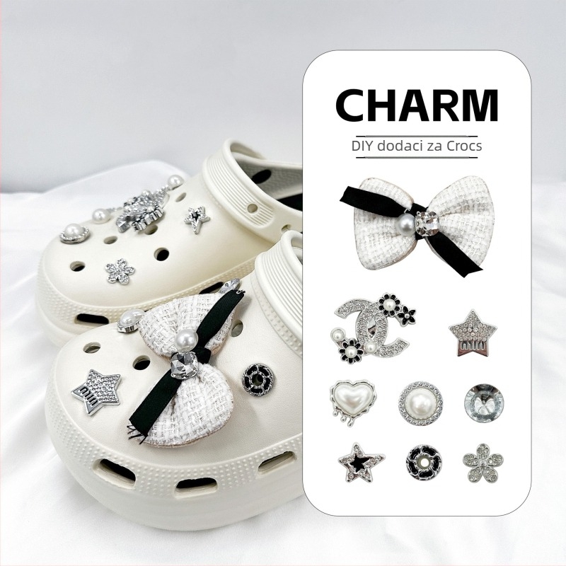 Set ukrasa za Crocs cipele s kristalima u obliku srca i mašnicom; model LF-0190; pogodna za papuče i Crocs; stil kopča, svakodnevna udobnost; marka New beauty; pogodno za ljeto, proljeće, jesen
