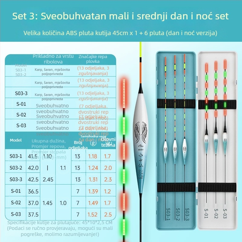 Set vertikalnih plovaka za ribolov – visoka osjetljivost, upečatljiv svjetleći dizajn danju i noću; potpuni komplet (Tip: vertikalni plovci; Materijal: kompozitni materijal; Marka: Giant fin King)