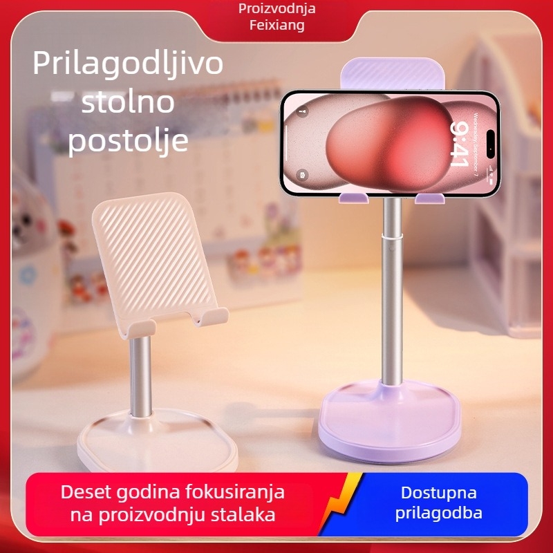 Stolni držač za telefon s izvučnim ramenom i debelom bazom, izrađen od metala, ABS-a i silikonskog gela, prilagodljiv.