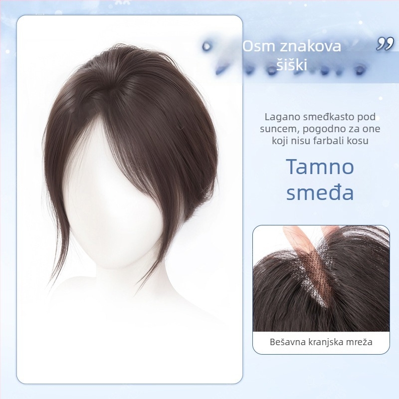 Ženska perika s bangs, prirodna linija čela, bezšivni volumen, pahuljasta visoka kruna, francuskog stila bangs