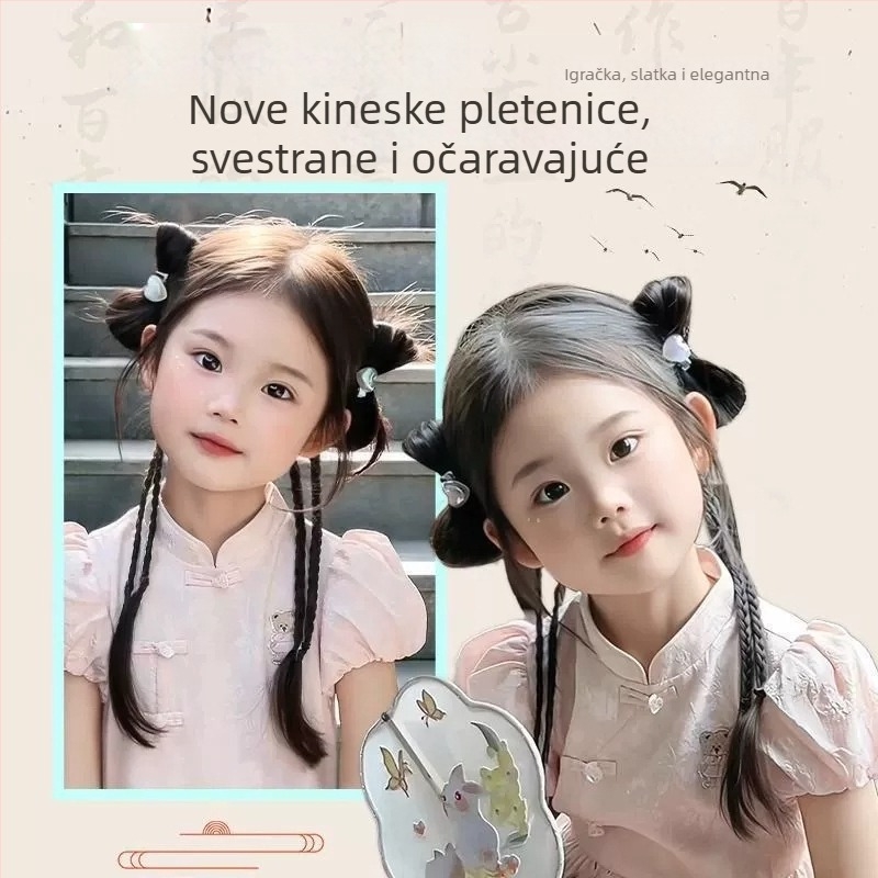Dječja perika s repom, lagana, s klipsom za kosu, s pletenicama zmajevih brkova, Hanfu inspiriran starim stilom, model PY616, materijal: visoko otporna žica, prerada: mehanizam