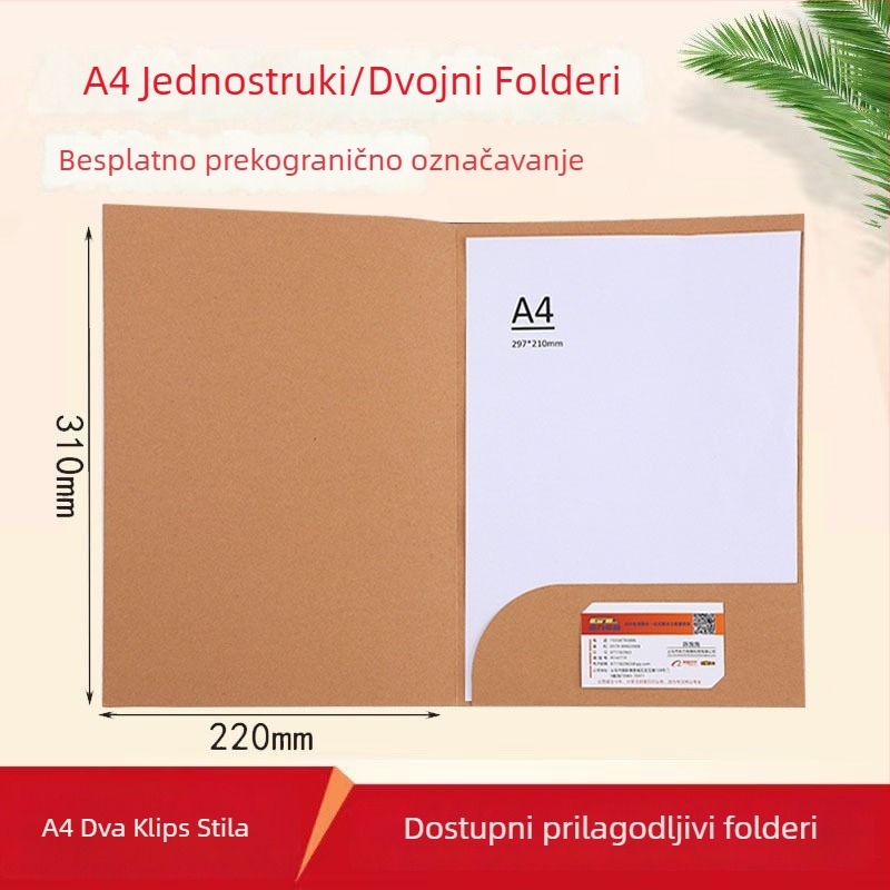 A4 mapa od kraft papira, L-oblikovana za dokumente s jednim listom, debeli poklopac i umetnuti džepovi za ugovore, mogućnost logotipa