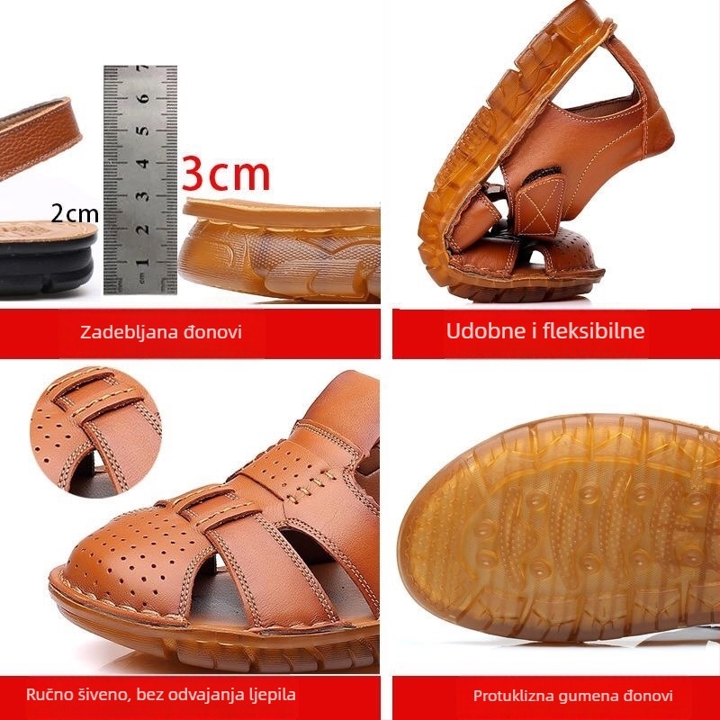 Muške sandale od kože goveda, gornji dio od kože, đon od teleće tetive, plažni stil s zaštitom prsta, kopčanje na Velcro, prozračni, protuklizni