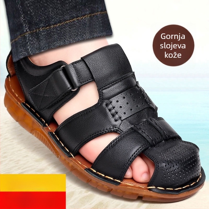 Muške sandale od kože goveda, gornji dio od kože, đon od teleće tetive, plažni stil s zaštitom prsta, kopčanje na Velcro, prozračni, protuklizni