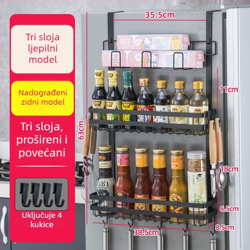 Bočni zidni regaľ za pohranu frižidera | metalni, bez ugradnje, zidno vješanje, skandinavski stil