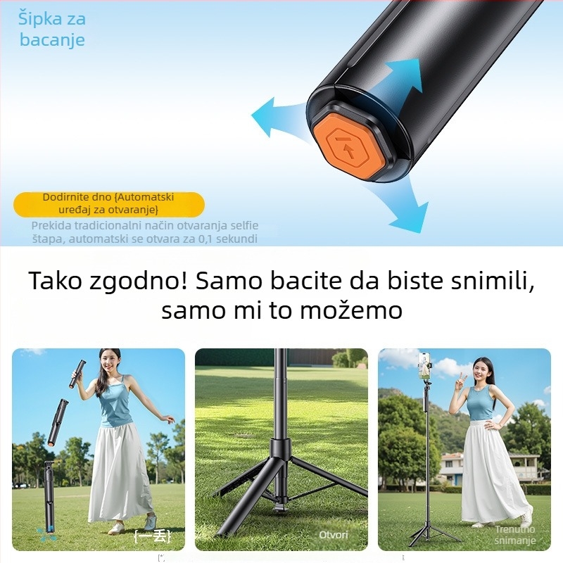 Selfie štap s tronožom za telefon, universalno, stabilizacija slike, 360° okret, Bluetooth daljinski, LED svjetlo