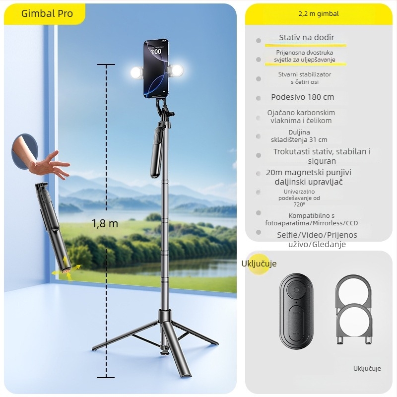 Selfie štap s tronožom za telefon, universalno, stabilizacija slike, 360° okret, Bluetooth daljinski, LED svjetlo