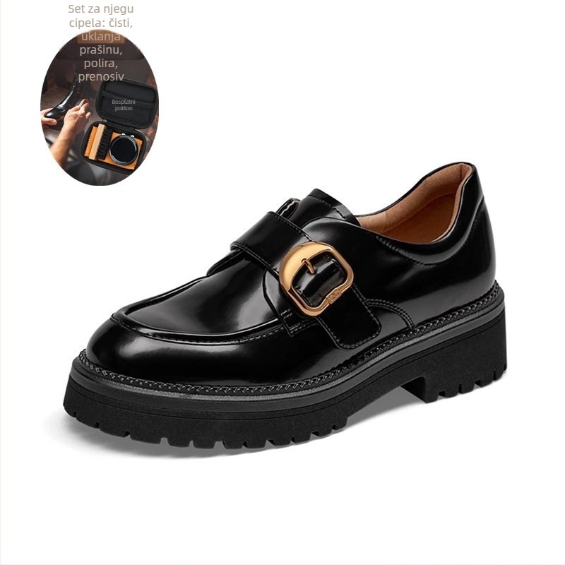 Ženske loaferice od prve slojevine teleće kože, okrugli nos, britanski stil, debeli pet 6–8 cm, TPR potplat, podstava od svinjske kože