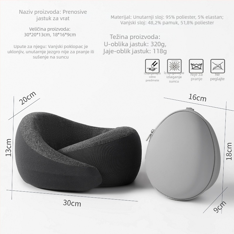 Jastuk za putovanje s memorijskom pjenom u obliku U, navlaka od mliječne svile, minimalistički stil, Snail Pillow Series, za sve uzraste