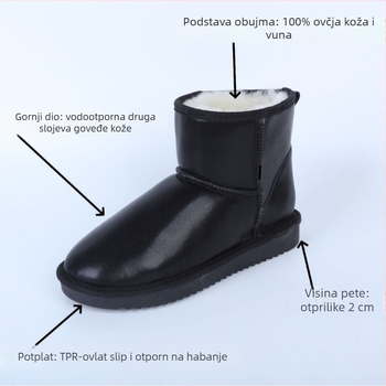 Ženske zimske čizme s gornjim dijelom od split kože, vunena podstava, protuklizna gumena potplat, kratka visina čizme 10-20 cm, niski potpetica 1-3 cm