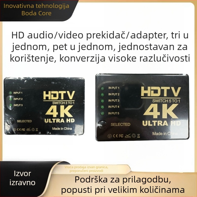 Bdxc-3–1/5–1 4K audio-video prekidač s IR distribucijom i TV daljinskim upravljačem, podijeljeni zaslon