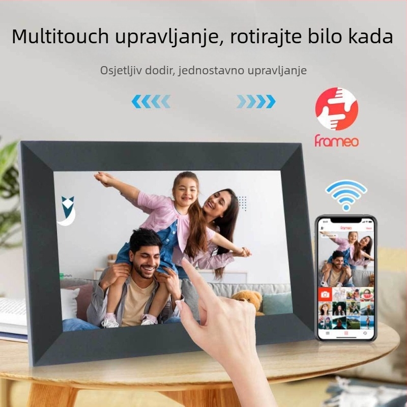 Frameo cloud digitalni okvir za fotografije, Wi‑Fi zaslon na dodir, 1280×800, 16GB, SD/USB podrška, reprodukcija videa