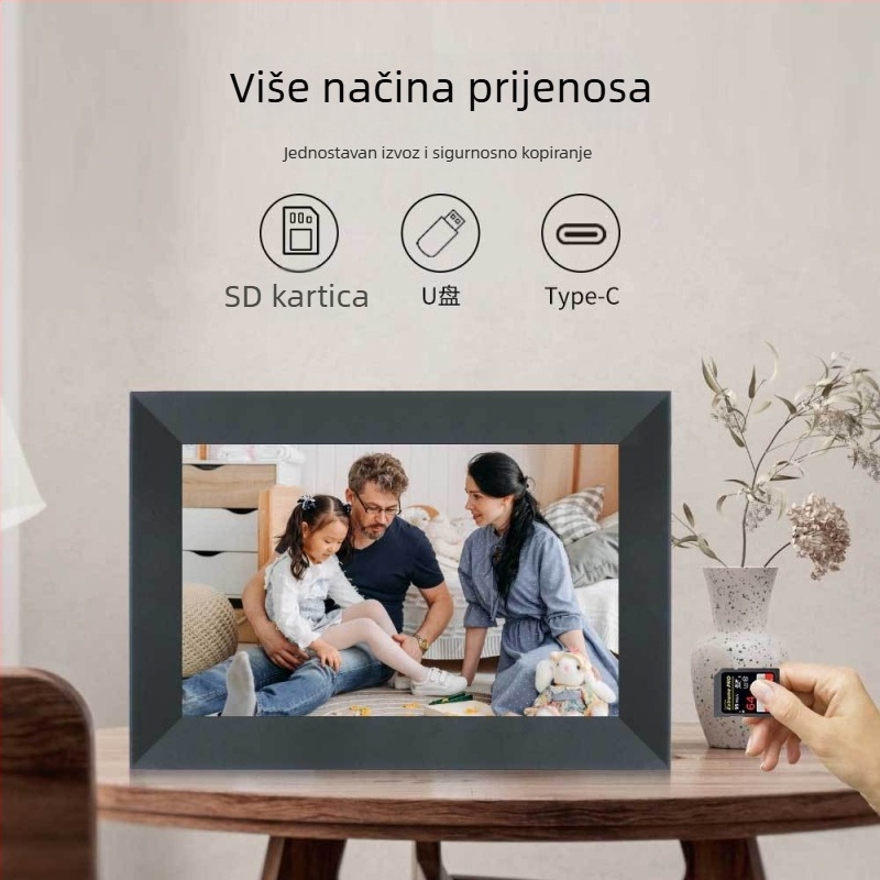 Frameo cloud digitalni okvir za fotografije, Wi‑Fi zaslon na dodir, 1280×800, 16GB, SD/USB podrška, reprodukcija videa