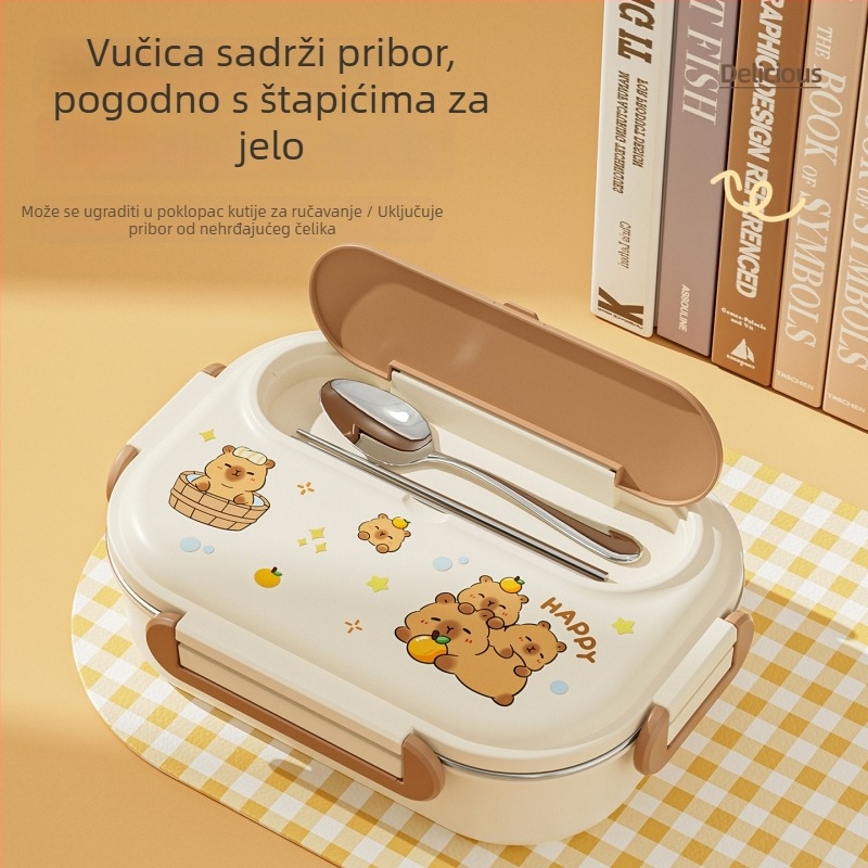 Kockasta izolirana kutija za obrok, od nehrđajućeg čelika 430, kapacitet 1–2 l, jednovrstna ili dvostruka, kompatibilna s mikrovalnom pećnicom, za studente