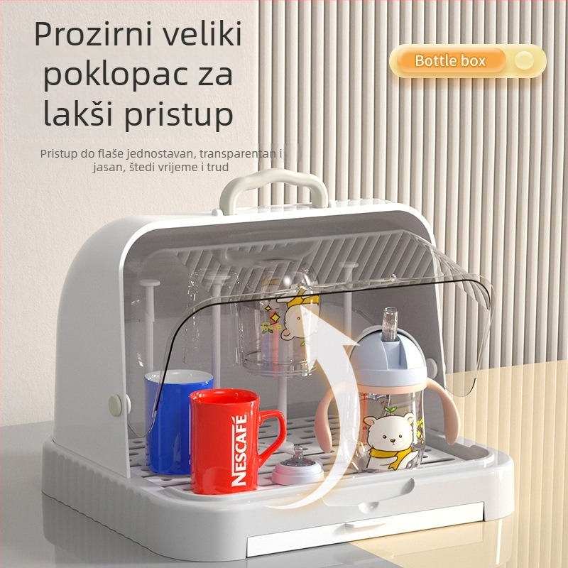 Kutija za skladištenje dječjih pribora za jelo i igračaka s prašnim pokrovom i odvodnim postoljem; skladištenje boca; dvostruka kutija za mlijeko u prahu