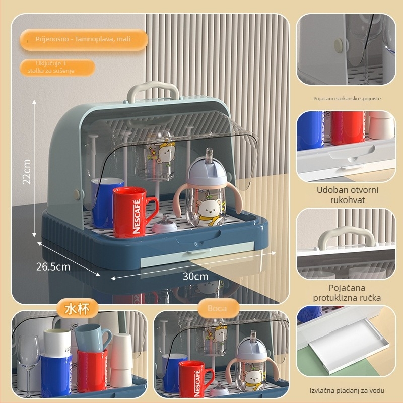 Kutija za skladištenje dječjih pribora za jelo i igračaka s prašnim pokrovom i odvodnim postoljem; skladištenje boca; dvostruka kutija za mlijeko u prahu