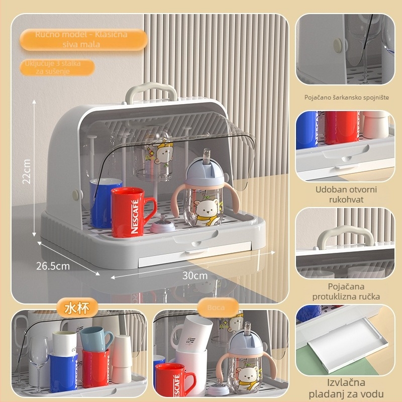 Kutija za skladištenje dječjih pribora za jelo i igračaka s prašnim pokrovom i odvodnim postoljem; skladištenje boca; dvostruka kutija za mlijeko u prahu