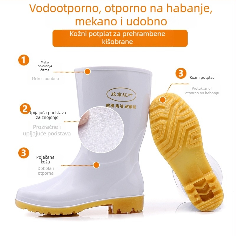 Unisex higijenske čizme za prehrambenu industriju – vodonepropusne, protuklizne, potplata od Beef Tendon, visok cilindar, plastični gornji dio