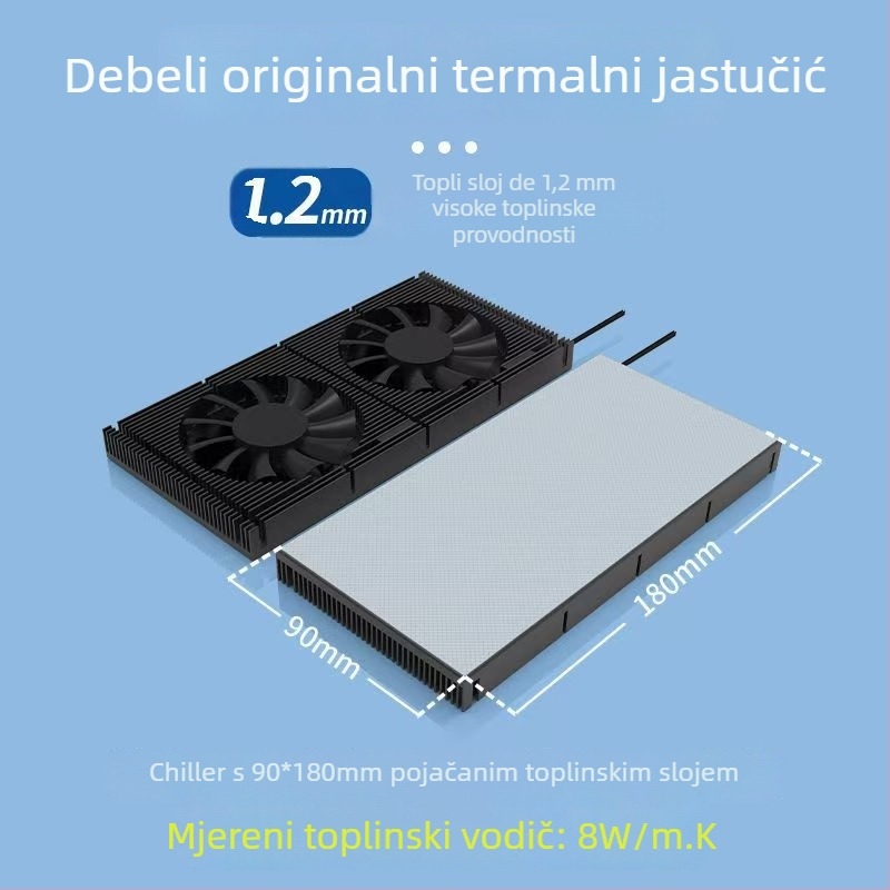 Chladič stražnje ploče grafičke kartice - bakarno-aluminijska legura, 2 toplovodne cijevi, dvostruko kuglični ležajevi, 1500–2800 RPM, zračno hlađenje