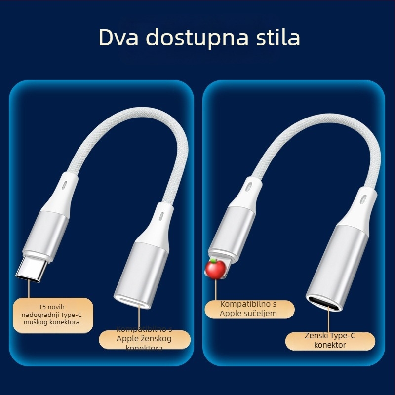 Digital Fox dvostrani punjački adaptor Lightning na USB-C za iPhone 15, Lightning ženski priključak na USB-C muški utikač