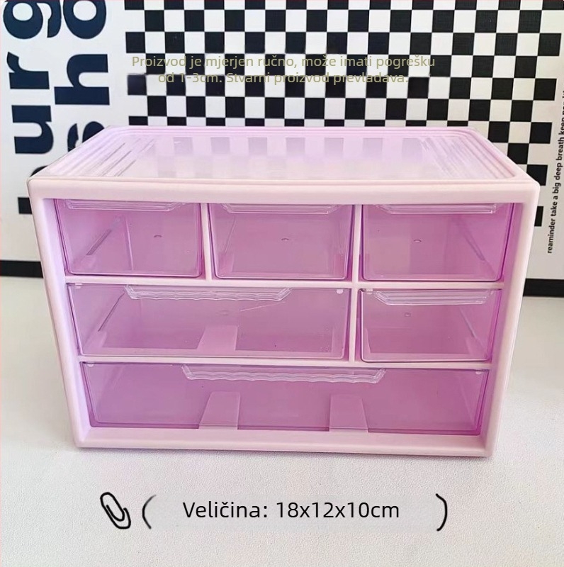 Akrilna kutija za skladištenje s ladicama, šest pretinuta, kapacitet 1 L, moderan minimalistički stil, stolni organizator.
