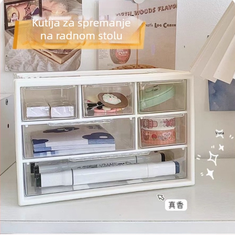 Akrilna kutija za skladištenje s ladicama, šest pretinuta, kapacitet 1 L, moderan minimalistički stil, stolni organizator.